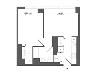 A floor plan of a small apartment with a bedroom, living room, and a kitchen.