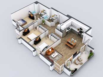 A 3D rendered image of a modern house interior.