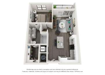 A 3D floor plan of a small apartment with a kitchen, living room, and bathroom.