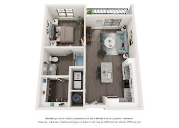 A 3D floor plan of a small apartment with a kitchen, living room, and bathroom.