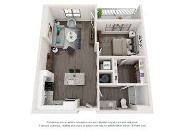 A 3D floor plan of a small apartment with a kitchen, living room, and bathroom.