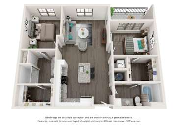 A 3D floor plan of a small apartment with a kitchen, living room, and bathroom.