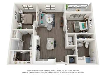 A 3D floor plan of a small apartment with a kitchen, living room, and bathroom.