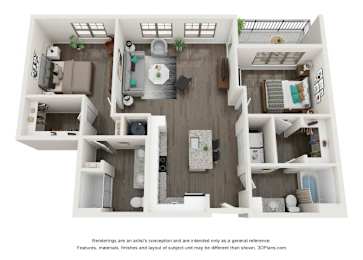 A 3D floor plan of a small apartment with a kitchen, living room, and bedroom.