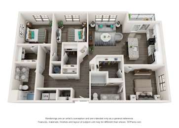A 3D floor plan of a house with two bedrooms, a living room, a kitchen, a bathroom, and a dining area.