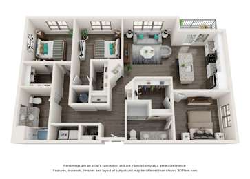 A 3D floor plan of a house with multiple rooms and furniture.