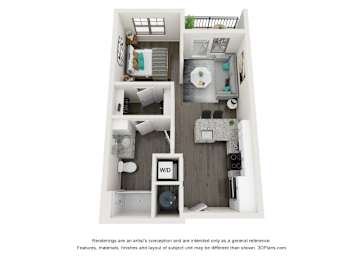 A 3D floor plan of a small apartment with a kitchen, living room, and bathroom.