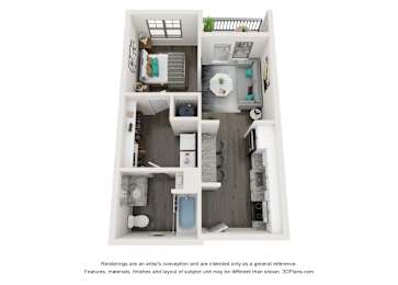 A 3D floor plan of a small apartment with a kitchen, living room, and bathroom.