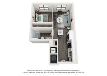 A 3D floor plan of a small apartment with a kitchen, living room, and bathroom.