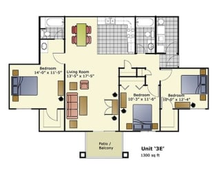level floor plan of a home with bedrooms and a largeliving room