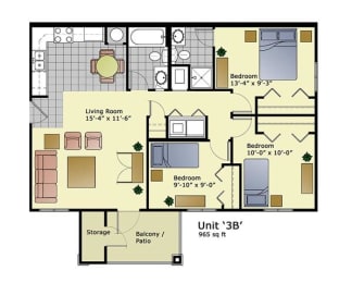 a floor plan of a home with bedrooms and a large living room
