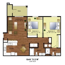 a floor plan of a bedroom apartment with a bathroom and a living room