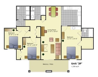 level floor plan of a home with bedrooms and a large living room