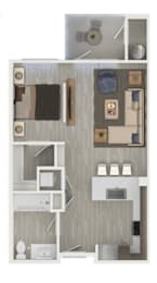 A 3D floor plan of a small apartment with a kitchen, living room, and bathroom.