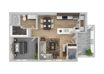 A 3D floor plan of a small apartment with a kitchen, living room, and bathroom.