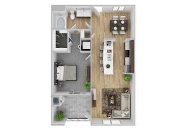 A top-down view of a small apartment with a kitchen, living room, and bathroom.