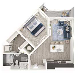 A top-down view of a small apartment with a kitchen, living room, and bathroom.