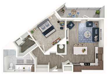 A top-down view of a house interior with a kitchen, living room, and dining area.