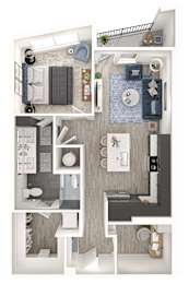 A 3D floor plan of a small apartment with a kitchen, living room, and bedroom.