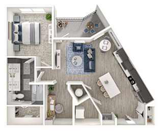 A top-down view of a modern apartment layout with a kitchen, living room, and bathroom.