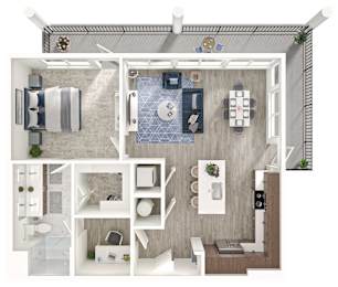 A 3D floor plan of a small apartment with a kitchen, living room, and bathroom.