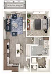 A floor plan of a house with a patio and a kitchen.