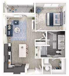 A top-down view of a small apartment layout with a kitchen, living room, and bathroom.