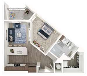 A floor plan of a small apartment with a kitchen, living room, and bathroom.
