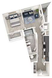 A top down view of a small apartment with a bedroom, living room, and kitchen.
