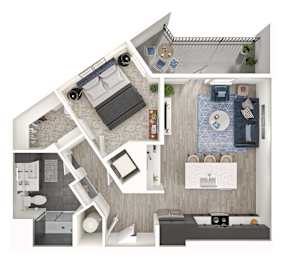 A top-down view of a modern apartment layout with a kitchen, living room, and bedroom.