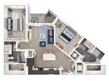 A floor plan of a house with a kitchen, living room, and bathroom.