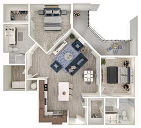 A top-down view of a house layout with a living room, kitchen, and bedrooms.