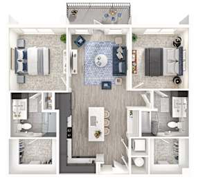 A top-down view of a modern apartment layout with a kitchen, living room, and bathroom.