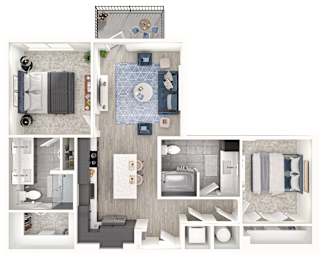 A floor plan of a small apartment with a kitchen, living room, and bathroom.