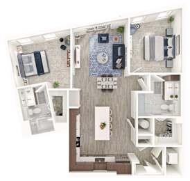 A floor plan of a house with a kitchen, living room, and two bedrooms.