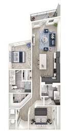 A floor plan of a small apartment with a kitchen, living room, and bathroom.