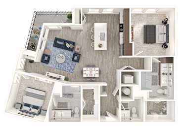 A top-down view of a house layout with a kitchen, living room, and bathrooms.