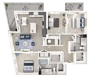 A floor plan of a house with a kitchen, living room, and bedrooms.