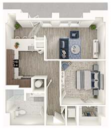 A top-down view of a modern bathroom with a toilet, sink, bathtub, and a shower.