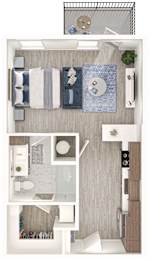 A top-down view of a small apartment with a kitchen, living room, and bathroom.
