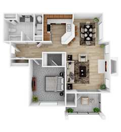 A top-down view of a modern apartment layout with a kitchen, living room, and bathroom.