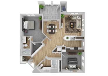 A 3D floor plan of a small apartment with a kitchen, living room, and bathroom.