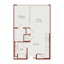 A floor plan of a small apartment with a bedroom, living room, kitchen, and bathroom.
