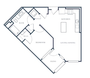 A floor plan of a house with a kitchen, living/dining area, bedroom, bathroom, and patio.