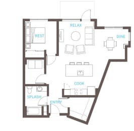 Floor Plan  1 bedroom, 1 bath, A28 floor plan at Vue 22 Apartments in Bellevue, WA