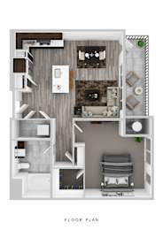 A floor plan of a small apartment with a living room, kitchen, and bathroom.