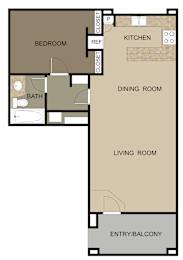 A floor plan of an apartment with a bedroom, a living room, a dining room, a kitchen, and an entry/balcony.