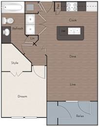 A floor plan of a house with a kitchen, dining area, and living room.