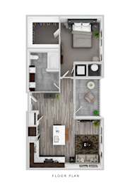 A floor plan of a small apartment with a kitchen, living room, and bathroom.