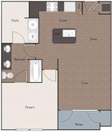 A floor plan of a kitchen with a dining area and a living room.
